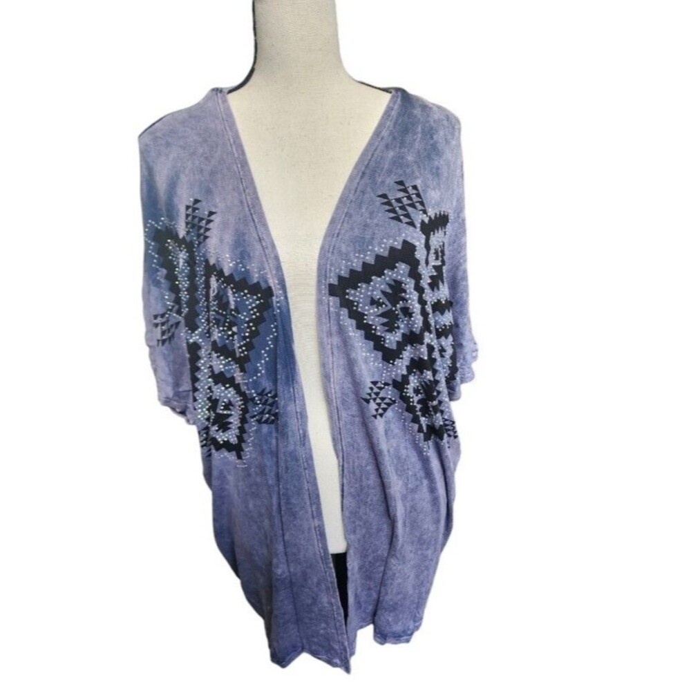 VOCAL Mineral-Washed Crystal Embellished Open-Front Cardigan Size Medium